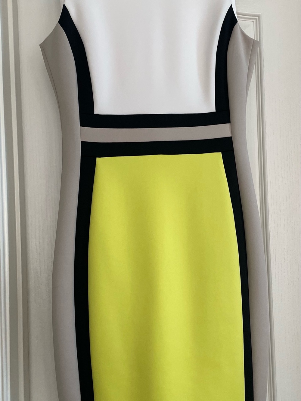 Calvin Klein White, Gray and Neon Yellow Colorblock Midi Dress